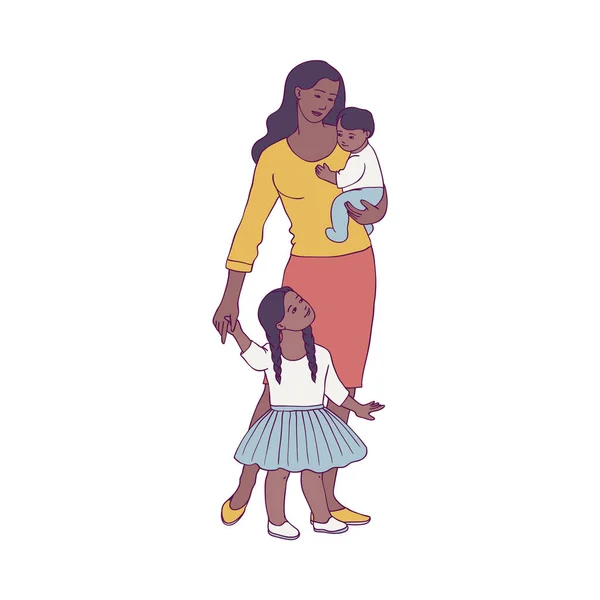 Vector gelukkig Afrikaanse moeder permanent met twee baby — Stockvector
