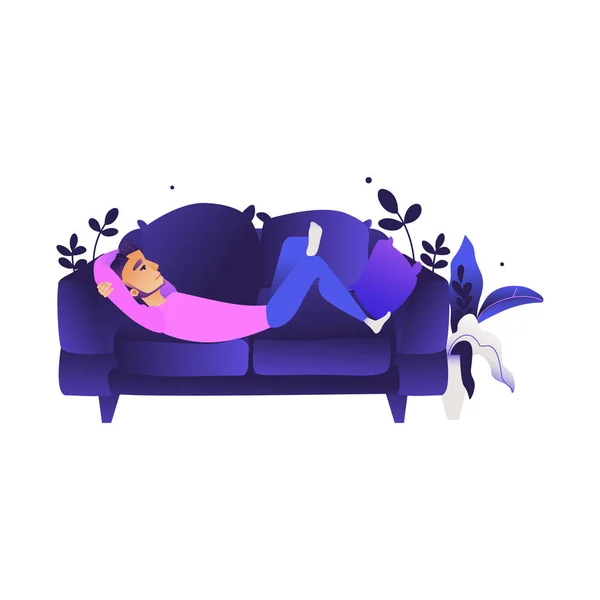 Вектор мультфільм молодий чоловік лежить на дивані — стоковий вектор