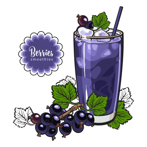 Smoothie de groselha preta - bebida fresca de verão com frutas maduras frescas misturadas e gelo em vidro no estilo de esboço . —  Vetores de Stock