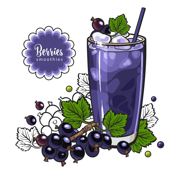 Zwarte bessen smoothie in schets stijl geïsoleerd op witte achtergrond. — Stockvector