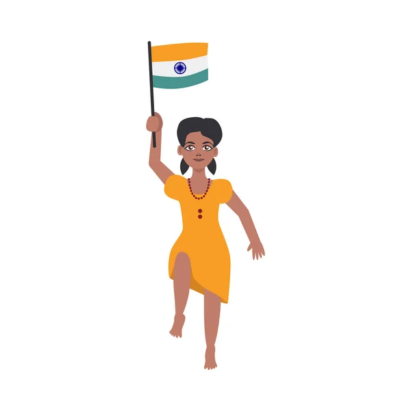 Niña india plana saltando sosteniendo bandera nacional — Vector de stock