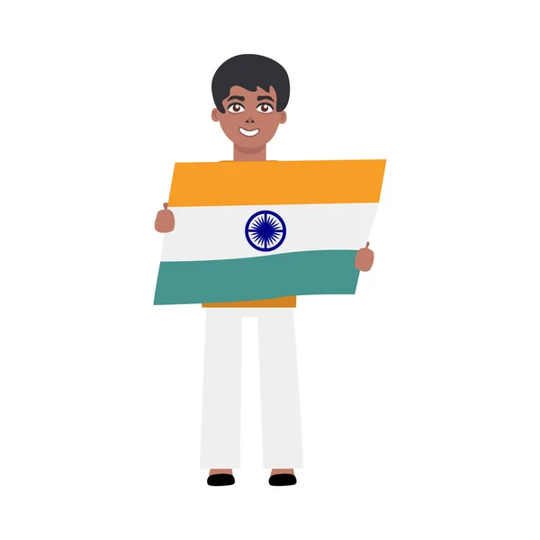 Niño indio plano de pie sosteniendo bandera nacional — Vector de stock