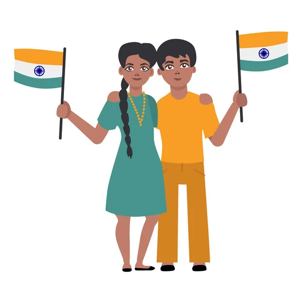 Apartamento indiana jovem casal segurando bandeira nacional — Vetor de Stock