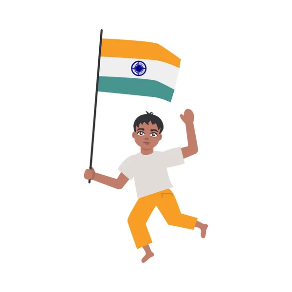 Plana indiana menino de pé segurando bandeira nacional — Vetor de Stock
