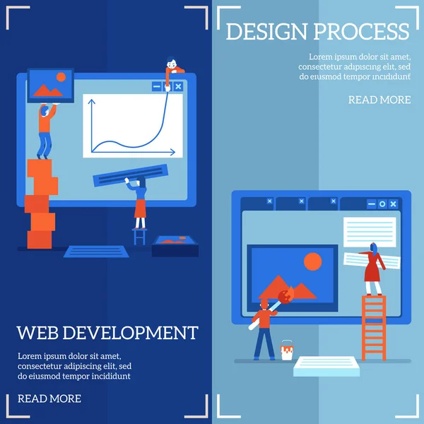 Diseño del sitio web y proceso de desarrollo en banners verticales — Archivo Imágenes Vectoriales