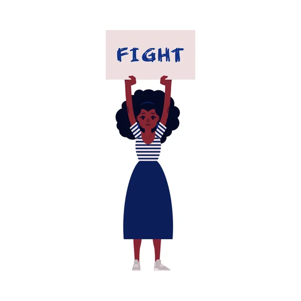 Woman protester vector illustration - young african girl keeping placard with Fight sign up. — Stock Vector