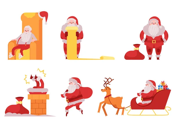 圣诞老人向量例证集合-各种各样的场面与圣诞节和新年标志在红色服装送礼. — 图库矢量图片
