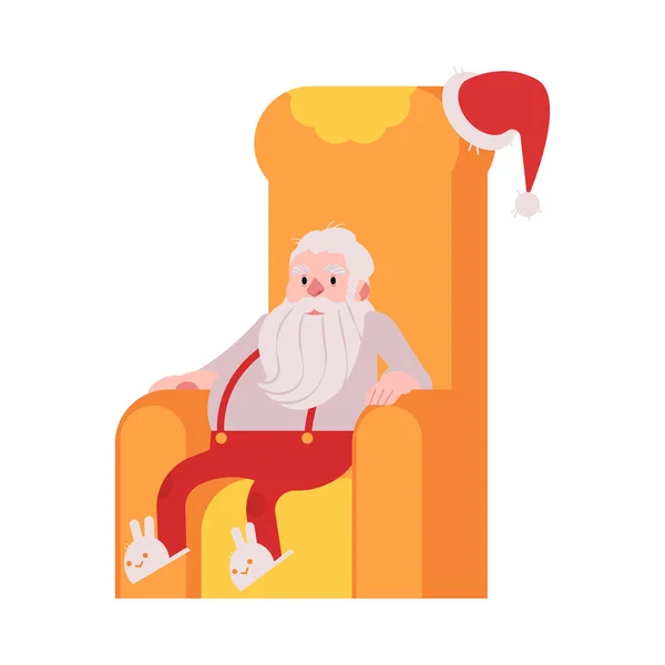 Ilustração vetorial de Papai Noel em chinelos sentados em poltrona em casa e descansando . —  Vetores de Stock