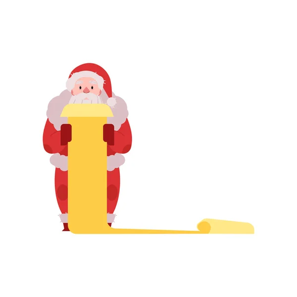 Vectorillustratie van de Kerstman in rood kostuum en hoed staande met scroll lijst van wensen in handen. — Stockvector