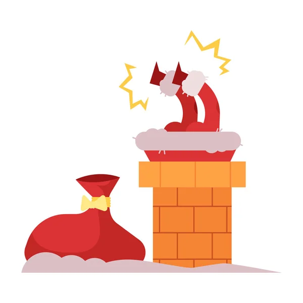 Illustration vectorielle du Père Noël coincé dans la cheminée essayant de descendre pour offrir des cadeaux de Noël . — Image vectorielle