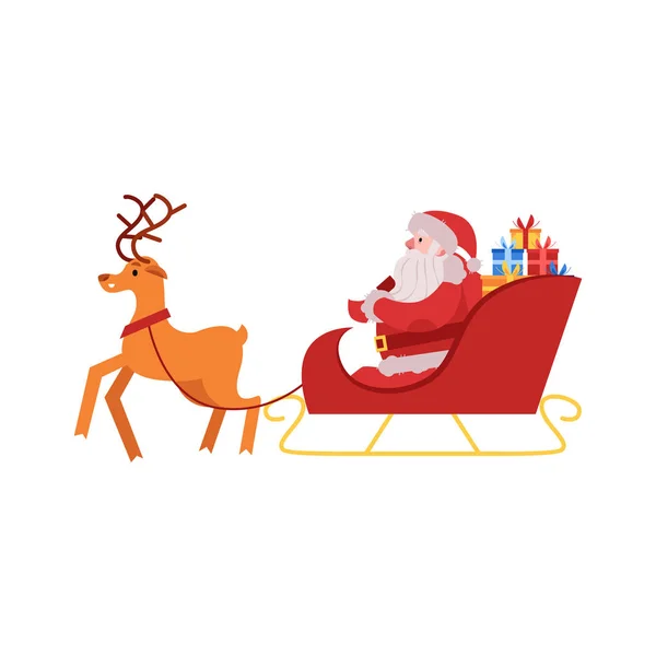 圣诞老人的向量例证在红色服装和帽子与礼物箱子坐在由驯鹿画的雪橇. — 图库矢量图片