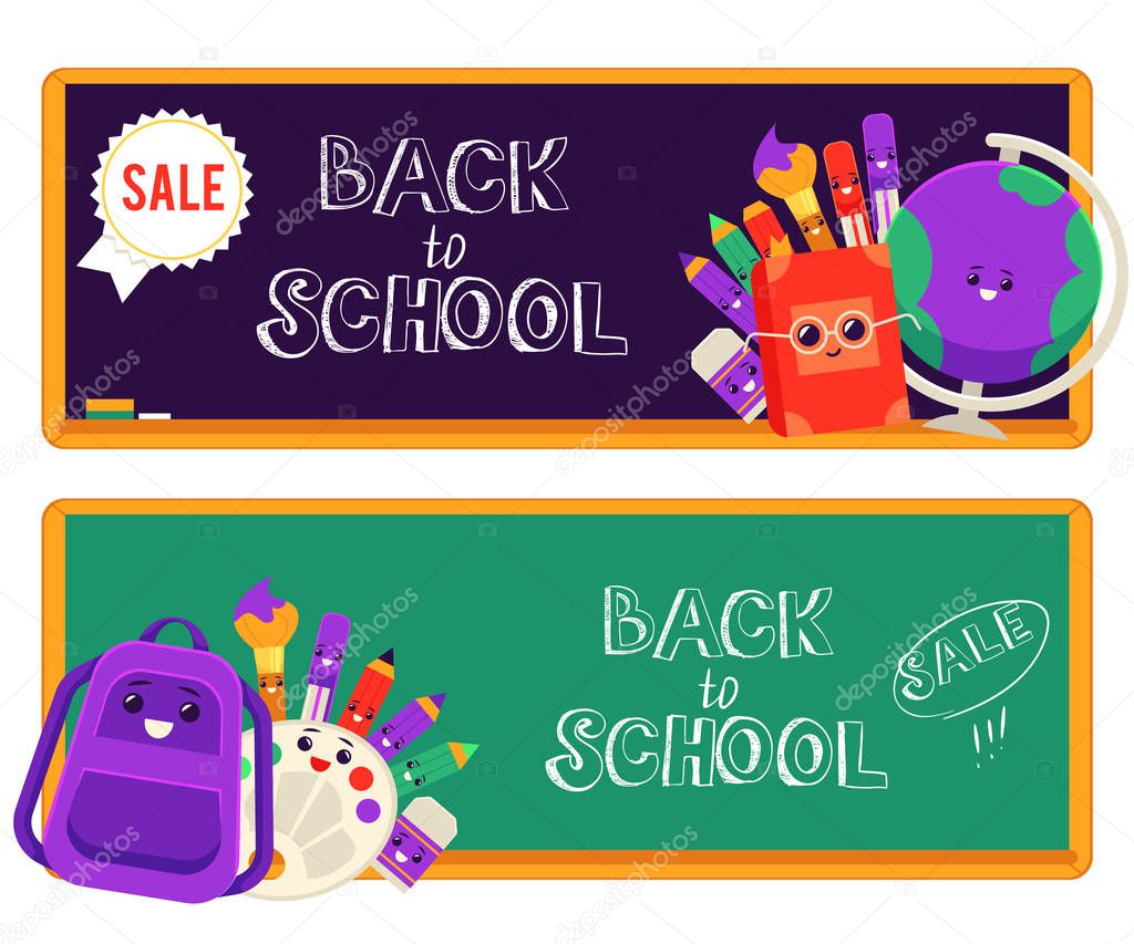 Back to school sale vector illustration set of horizontal banners with school supplies cartoon characters.