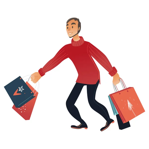 Illustration vectorielle de l'homme avec des sacs à provisions en style dégradé de dessin animé . — Image vectorielle