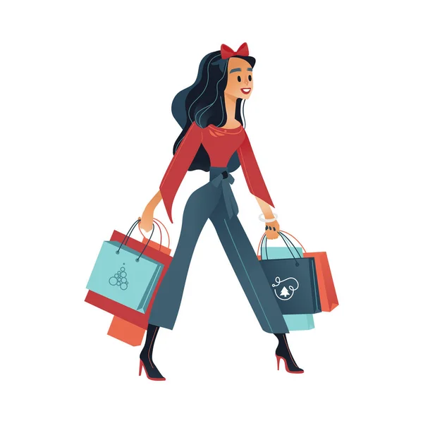 Vector illustration of woman with shopping bags in cartoon gradient style. — Stock Vector