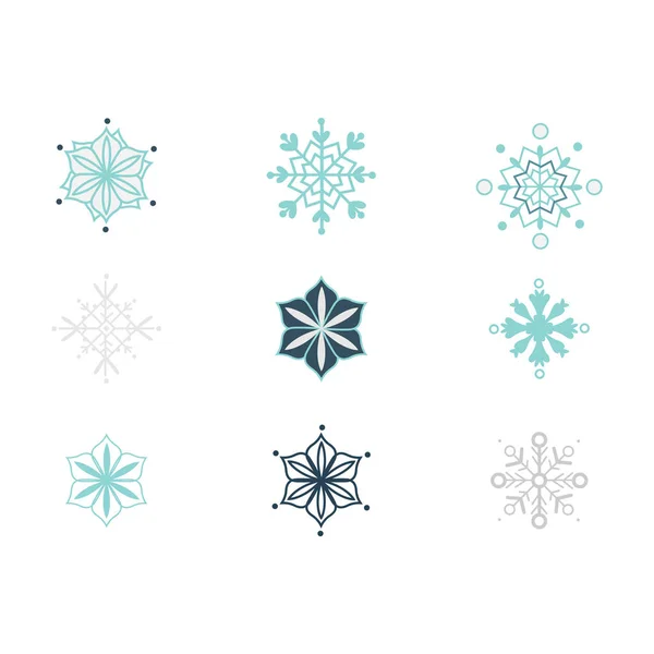 Ensemble de flocons de neige de forme différente bleu plat vectoriel — Image vectorielle