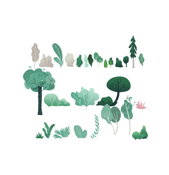 Fantasy skogen vektorillustration set med olika träd och buskar med grönt och grått bladverk. — Stock vektor