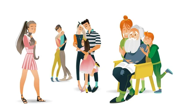 Ensemble d'illustrations vectorielles de câlins familiaux - différentes scènes avec des gens qui s'embrassent avec amour . — Image vectorielle