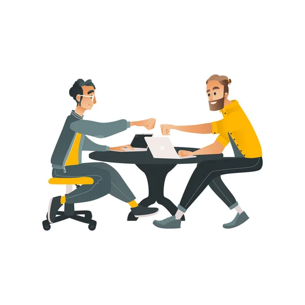 Illustrazione vettoriale di comunicazione oworking con due uomini che lavorano con computer portatili e conversano . — Vettoriale Stock