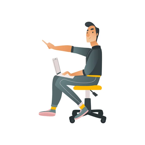 Ilustração vetorial de homem trabalhando com laptop sentado na cadeira e entre em contato com alguém . — Vetor de Stock