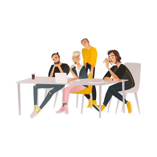 Coworking communication vector illustration with team of people working with laptop and discussing process. — Stock Vector