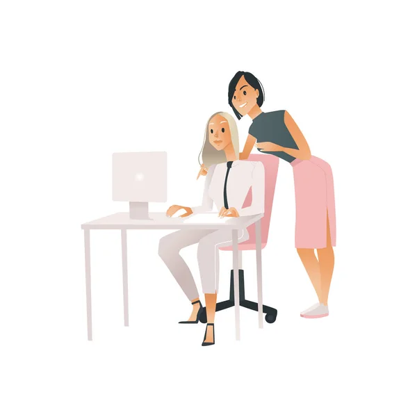Ilustración vectorial del concepto de comunicación de coworking con dos mujeres que trabajan con computadora y discuten . — Archivo Imágenes Vectoriales