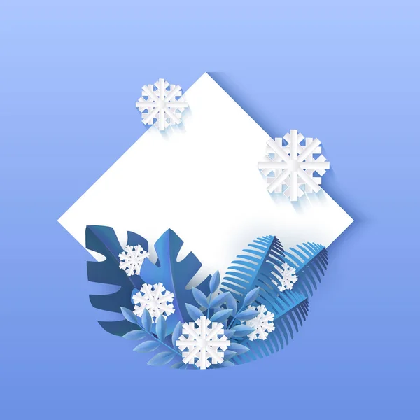 Vector illustration of winter natural banner with rhombus shape with blue leaves and white snowflakes. — Stock Vector