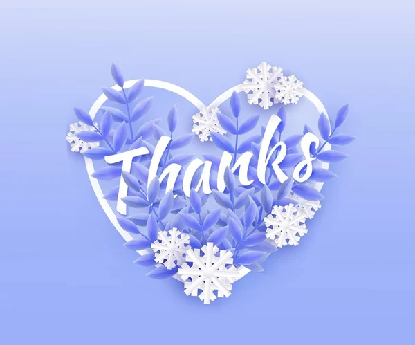 Vector illustration of Thanks text winter natural design with blue leaves and falling snowflakes. — Stok Vektör