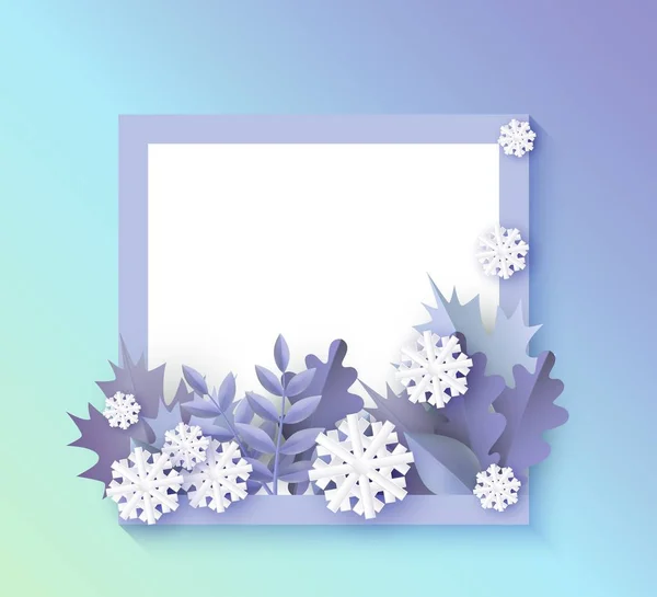 Vector illustration of winter banner with blank square shape and leaves with snowflakes. — Stock Vector