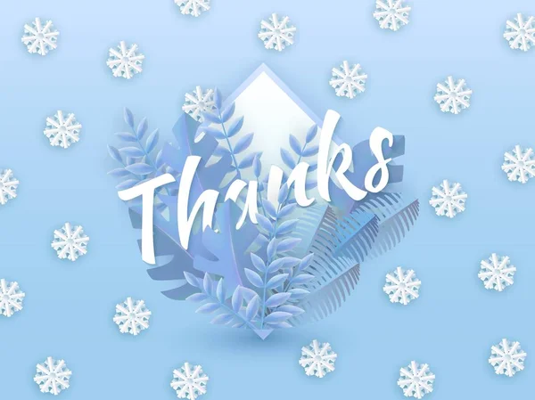 Vektor Illustration von Dank Text Winter natürliches Design mit Baumblättern auf blauem Hintergrund mit Schneeflocken. — Stockvektor