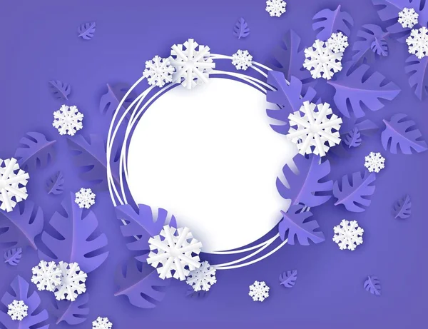 Ilustración vectorial de pancarta natural de invierno con forma redonda en blanco con hojas de árbol y copos de nieve . — Vector de stock