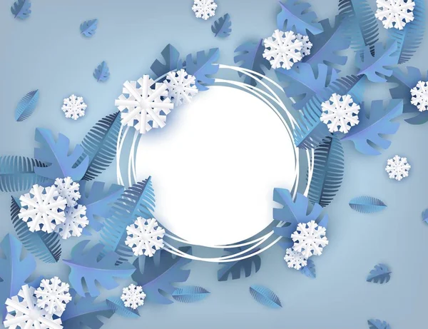 Vector εικονογράφηση του χειμώνα φυσικό banner - μπλε δέντρο φύλλα και λευκά νιφάδες χιονιού γύρω από κενό σχήμα. — Διανυσματικό Αρχείο
