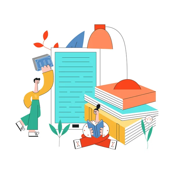 Ilustração vetorial de educação com jovens estudantes lendo livros cercados por grandes materiais escolares . —  Vetores de Stock
