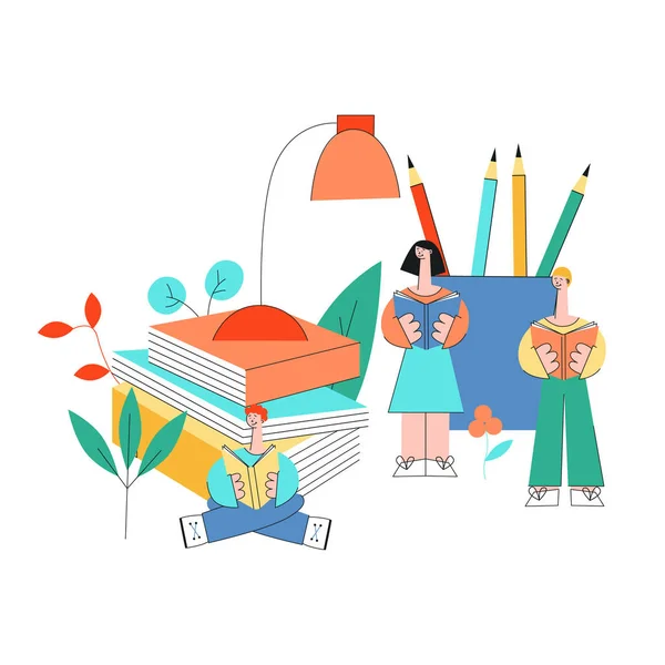 Educação e leitura ilustração vetor com pequenas pessoas estudando cercado por grandes materiais de escritório e livros . — Vetor de Stock
