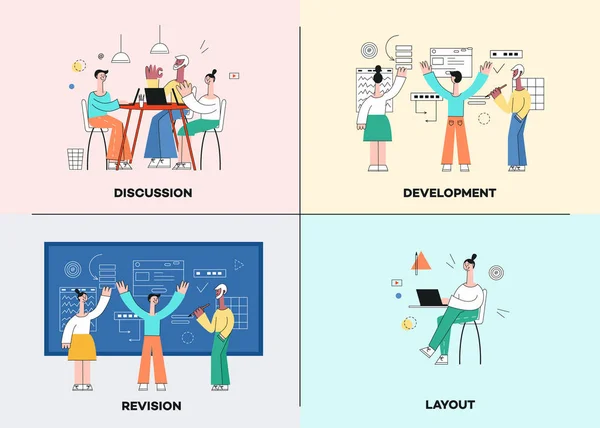 Conjunto de ilustrações vetoriais de cenas de desenvolvimento de negócios em estilo moderno plano com a equipe trabalhando em projeto comum . —  Vetores de Stock