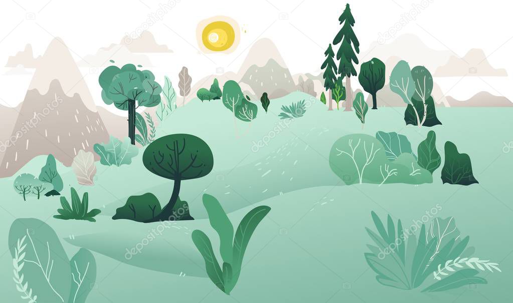 Vector natural lanscape background with tree hills