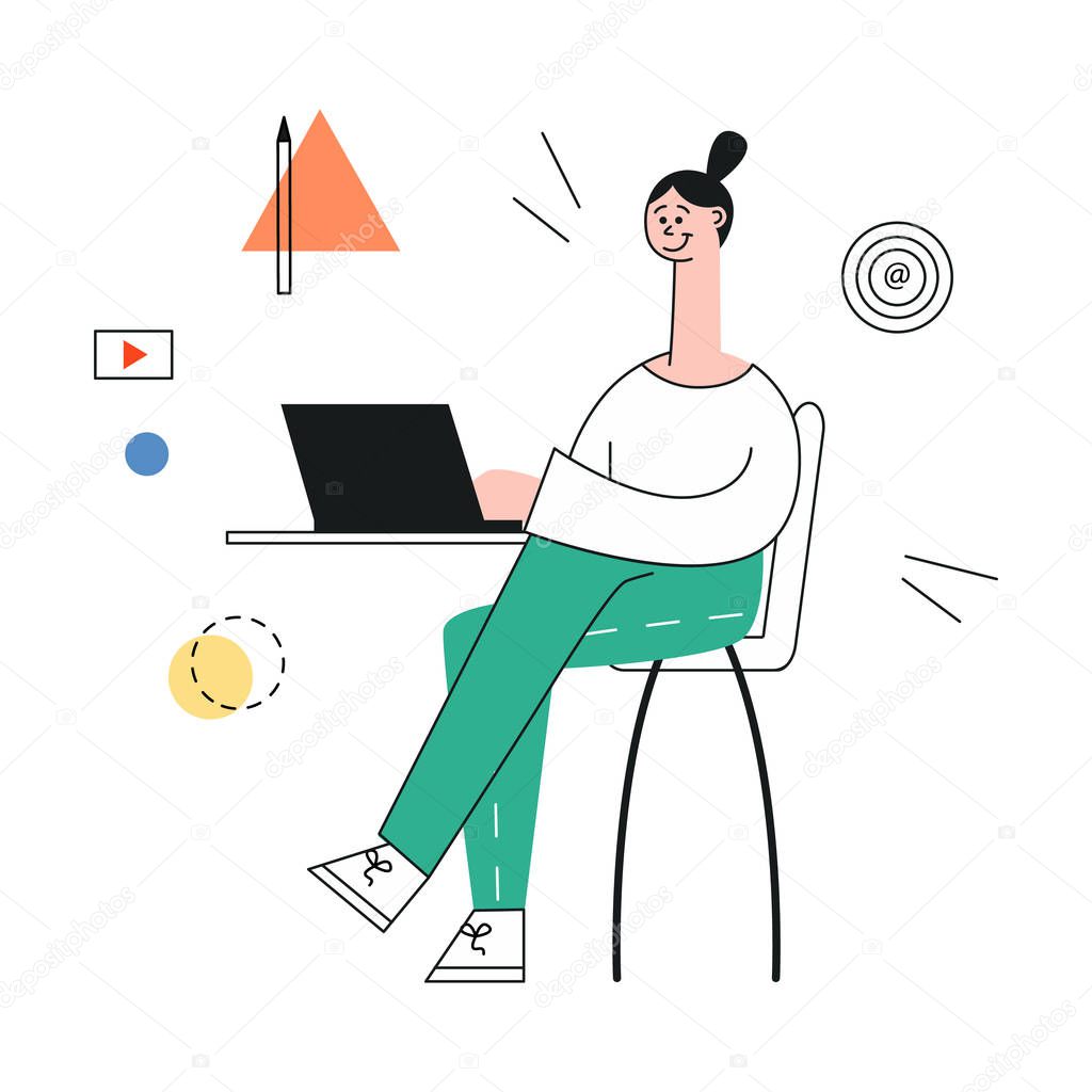 Vector illustration of business development - woman working with laptop surronded by elements of layout.
