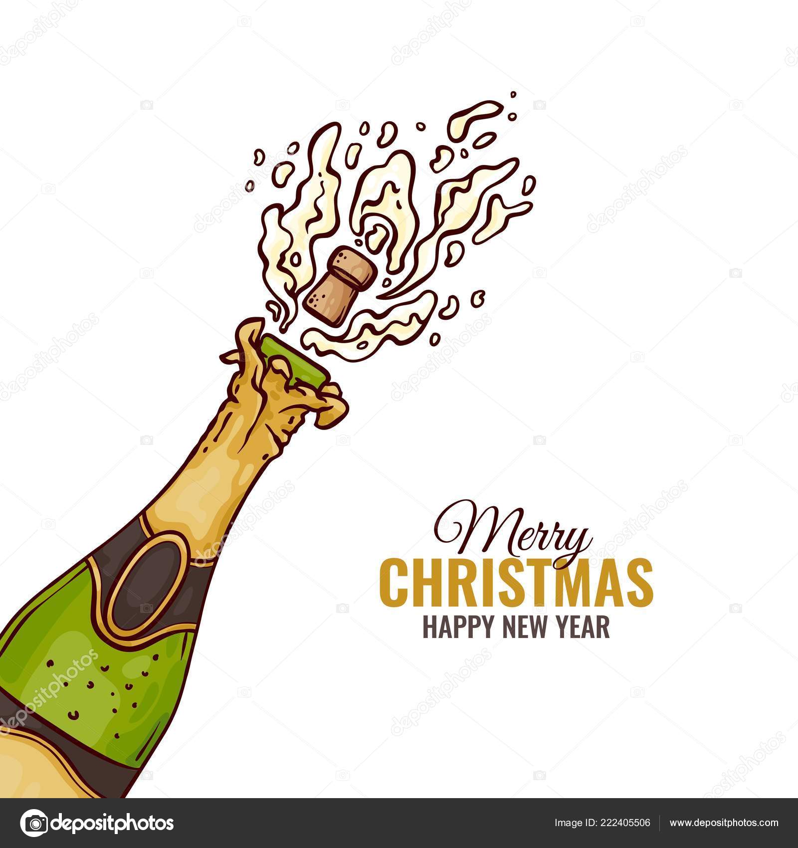 Flat Champagne Splash Popping Cork Merry Christmas Stock Vector