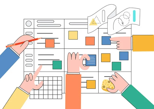 Ilustração vetorial da técnica de planejamento de scrum do trabalho em equipe no desenvolvimento de software em estilo moderno e plano . — Vetor de Stock