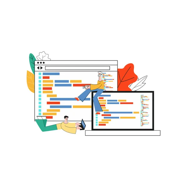 Ilustração vetorial do desenvolvimento de aplicações - ele especialistas que trabalham em software . —  Vetores de Stock