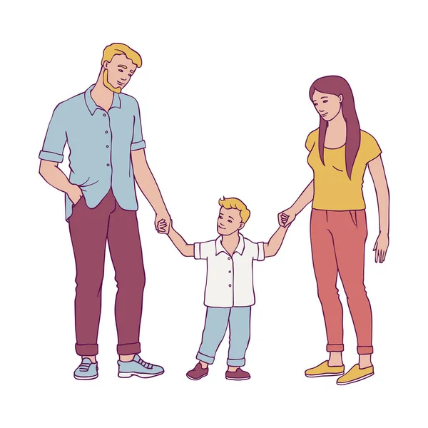 Ilustração vetor família feliz com jovem casal segurando suas mãos menino criança fazendo os primeiros passos . —  Vetores de Stock