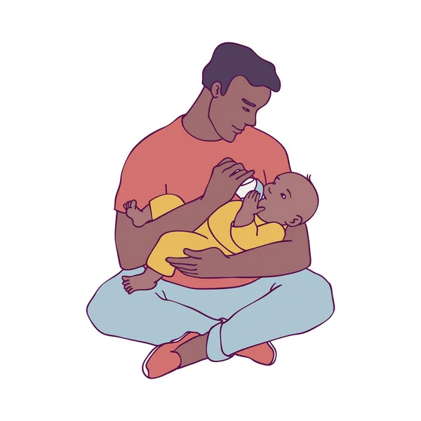 Векторная иллюстрация молодого африканского отца, держащего своего ребенка на руках и кормящего его . — стоковый вектор