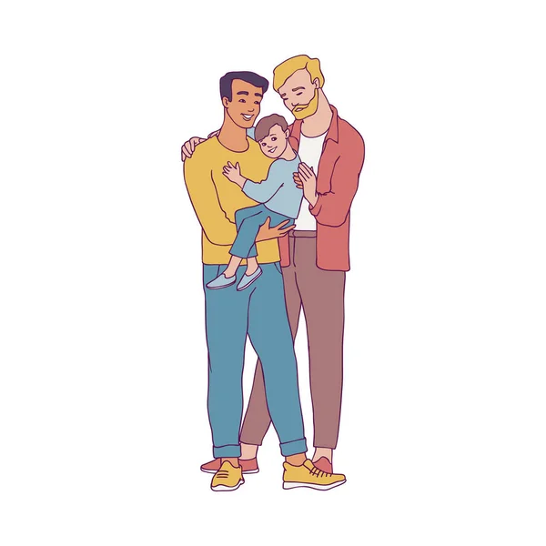 Eşcinsel aile vektör çizim iki mutlu adamlar ve küçük oğulları kucaklayan. — Stok Vektör