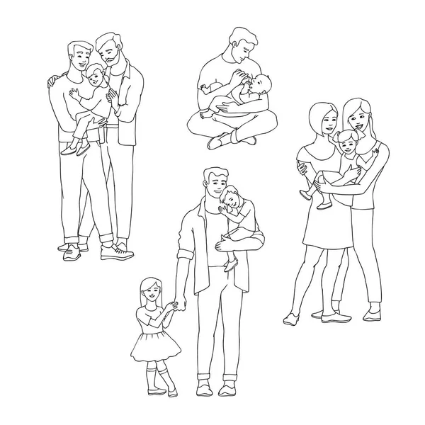 Gay famiglia vettore illustrazione insieme con felice gli uomini e le donne con i loro bambini in linea schizzo stile — Vettoriale Stock