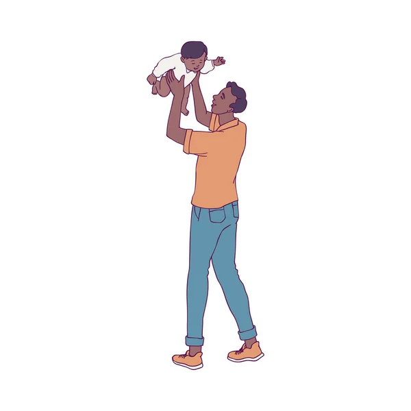 Vektor-Illustration eines jungen Vaters, der mit seinem kleinen Kind spielt, isoliert auf weißem Hintergrund. — Stockvektor