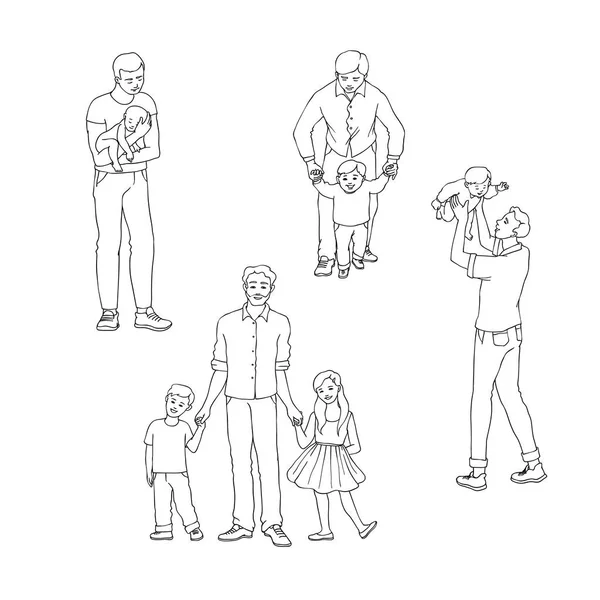 Vektor illustration uppsättning fäder med sina barn isoleras på vit bakgrund. — Stock vektor