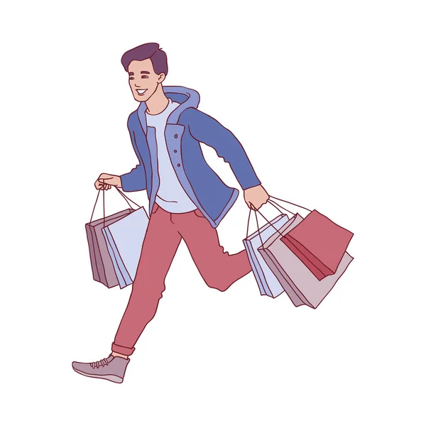 向量素描人运行与购物袋 — 图库矢量图片