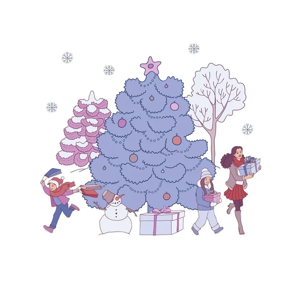 ベクトル イラスト手描きとバナーをクリスマスと新年の装飾モミの木とプレゼントを持つ人々. — ストックベクタ