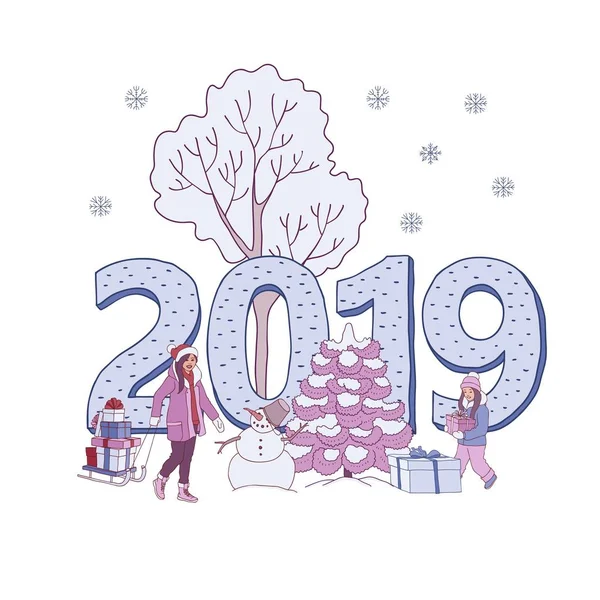 Illustrazione vettoriale del 2019 Capodanno e banner natalizio con persone che trasportano scatole regalo incartate . — Vettoriale Stock