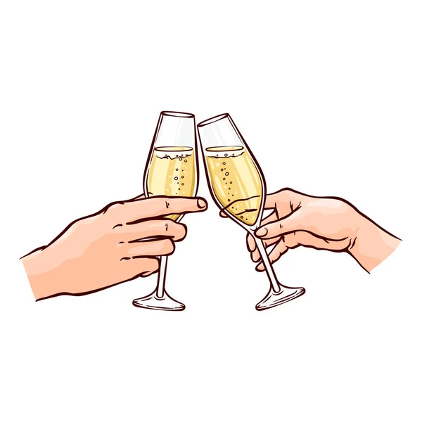 Illustration vectorielle des mains au champagne dans des verres à vin en style croquis . — Image vectorielle