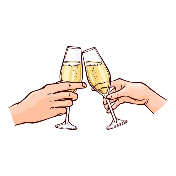 Vectorillustratie van handen met champagne in wijnglazen in schets stijl. — Stockvector